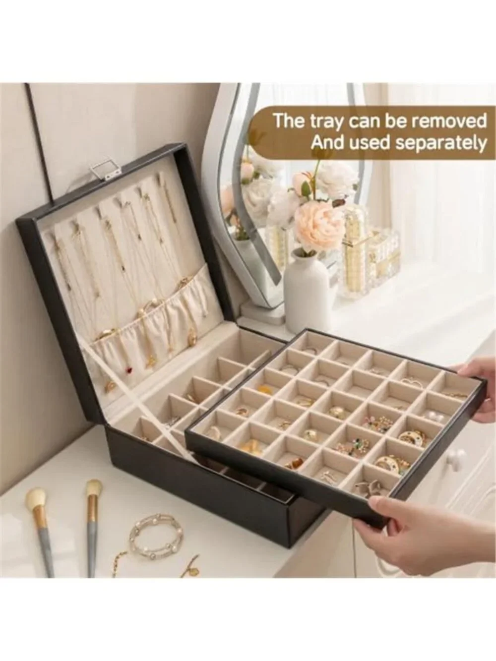 Locking Jewelry Box Organizer Mirror Earring Ring Necklace Storage Case Black